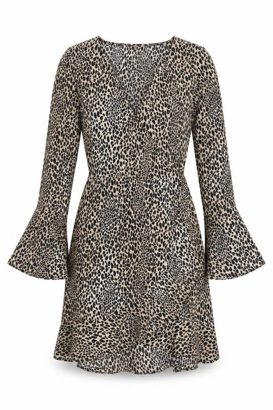 Front view of H&M women’s brown animal print polyester wrap dress, size UK 6, v-neck tie - leopard print