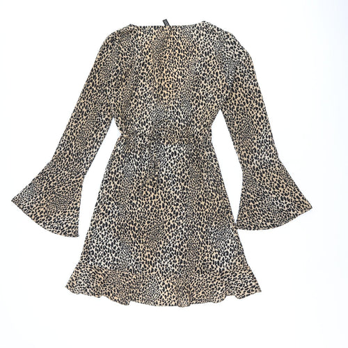 H&M Womens Brown Animal Print Polyester Wrap Dress Size 6 V-Neck Tie - Leopard Print