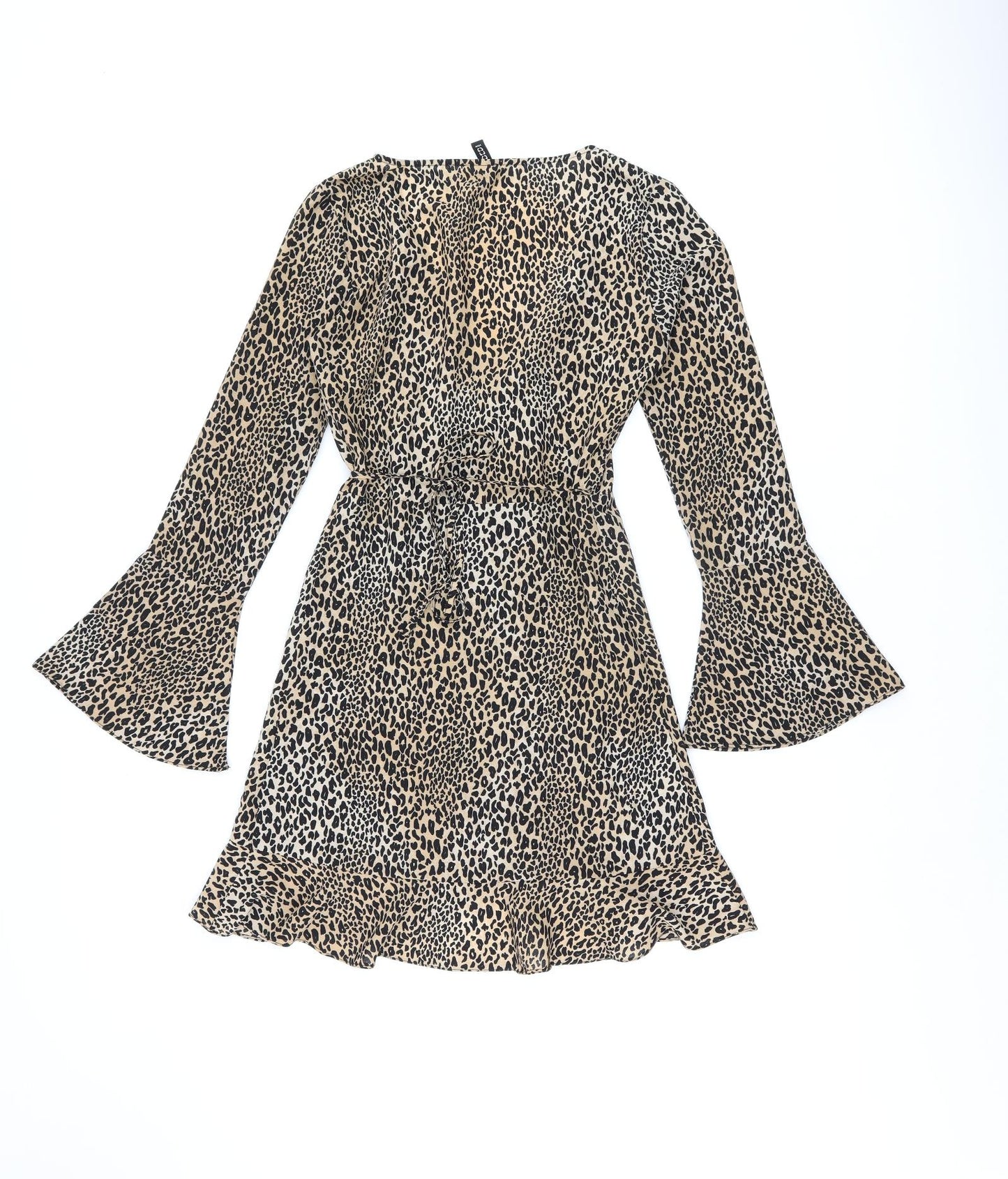 H&M Womens Brown Animal Print Polyester Wrap Dress Size 6 V-Neck Tie - Leopard Print