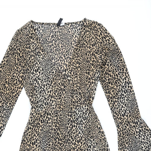 H&M Womens Brown Animal Print Polyester Wrap Dress Size 6 V-Neck Tie - Leopard Print
