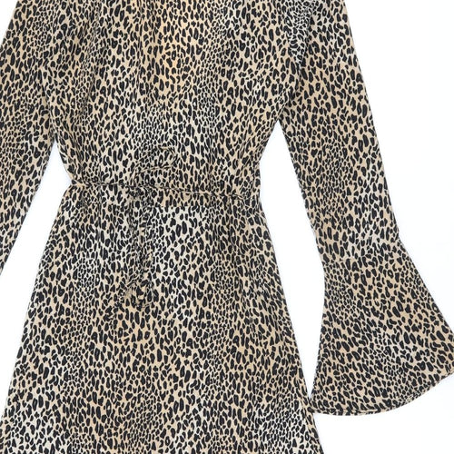 H&M Womens Brown Animal Print Polyester Wrap Dress Size 6 V-Neck Tie - Leopard Print
