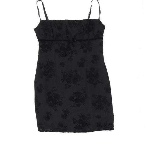 Polly Womens Black Floral Polyester Mini Size 12 Square Neck Zip