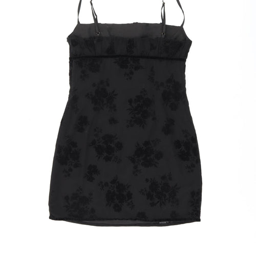 Polly Womens Black Floral Polyester Mini Size 12 Square Neck Zip