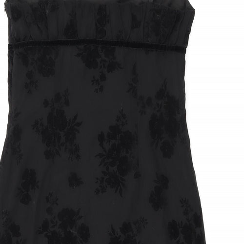 Polly Womens Black Floral Polyester Mini Size 12 Square Neck Zip