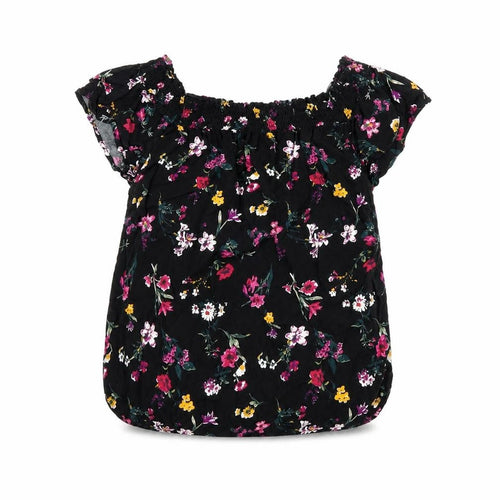 Pimkie Womens Black Floral Viscose Basic T-Shirt Size S Off the Shoulder