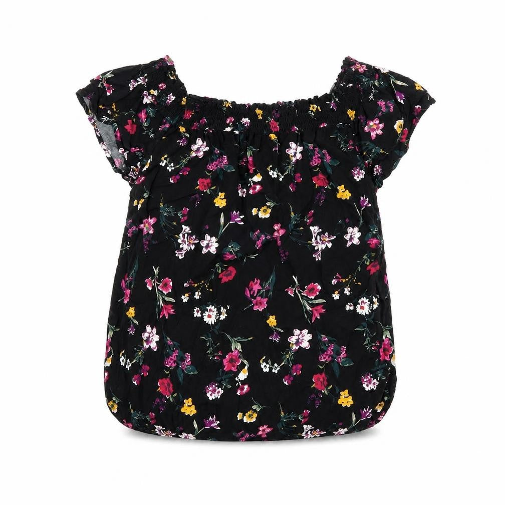 Pimkie Womens Black Floral Viscose Basic T-Shirt Size S Off the Shoulder