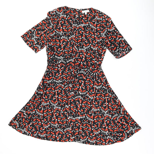 Warehouse Womens Black Geometric Polyester A-Line Size 12 Round Neck Zip - Belted