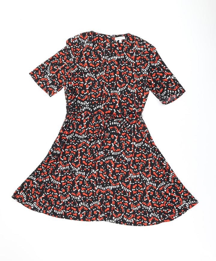 Warehouse Womens Black Geometric Polyester A-Line Size 12 Round Neck Zip - Belted