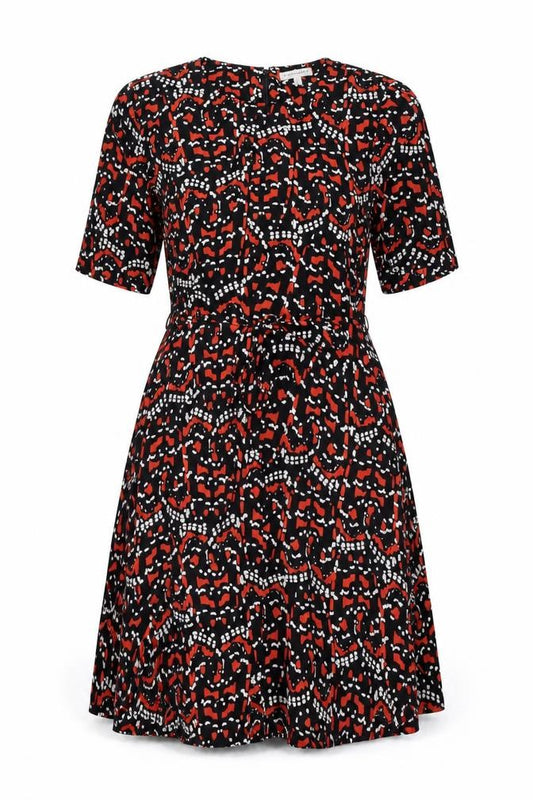 Front view of Warehouse women’s black geometric polyester a-line, size UK 12, round neck zip - belted