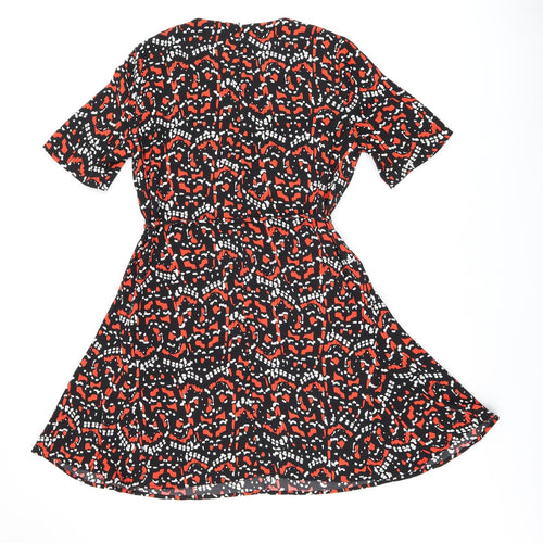 Warehouse Womens Black Geometric Polyester A-Line Size 12 Round Neck Zip - Belted