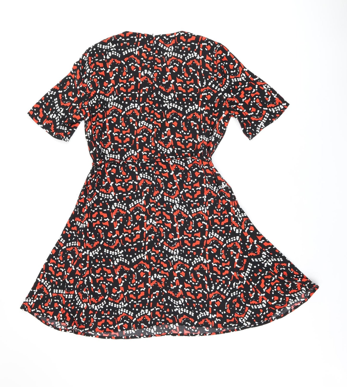 Warehouse Womens Black Geometric Polyester A-Line Size 12 Round Neck Zip - Belted