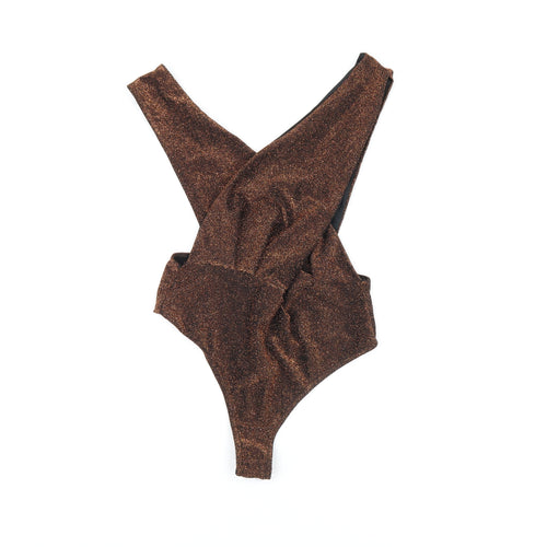 Edge Street Womens Brown Polyester Bodysuit One-Piece Size 10 Snap - Glitter Detail Open Back