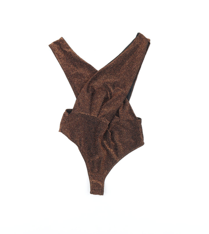 Edge Street Womens Brown Polyester Bodysuit One-Piece Size 10 Snap - Glitter Detail Open Back