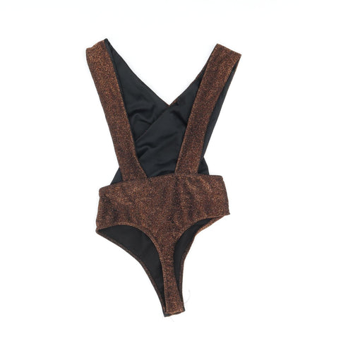 Edge Street Womens Brown Polyester Bodysuit One-Piece Size 10 Snap - Glitter Detail Open Back