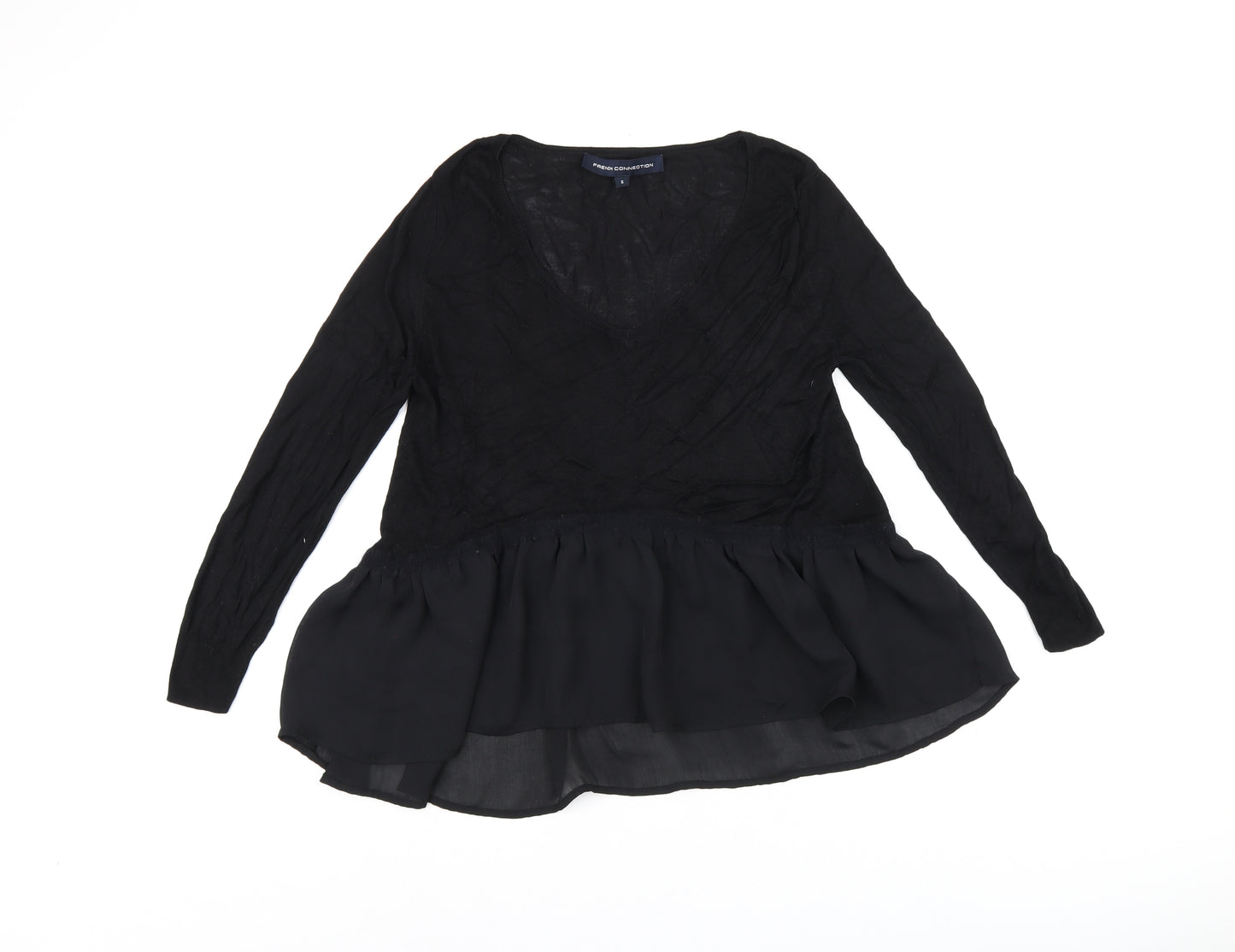 French Connection Womens Black Polyester Basic T-Shirt Size S V-Neck