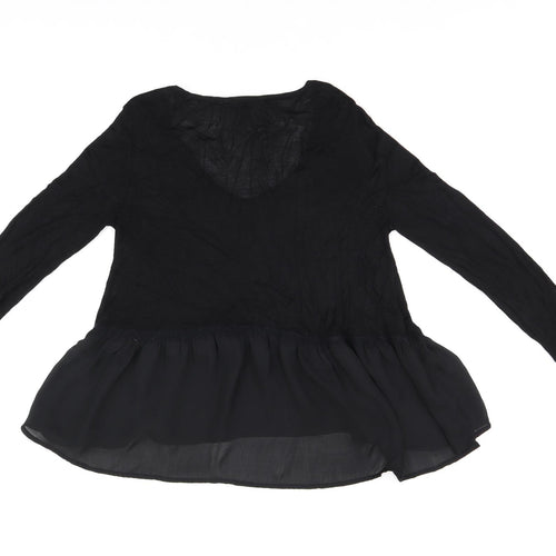 French Connection Womens Black Polyester Basic T-Shirt Size S V-Neck