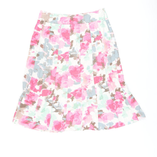 EWM Womens White Floral Linen Flare Skirt Size 14 Zip