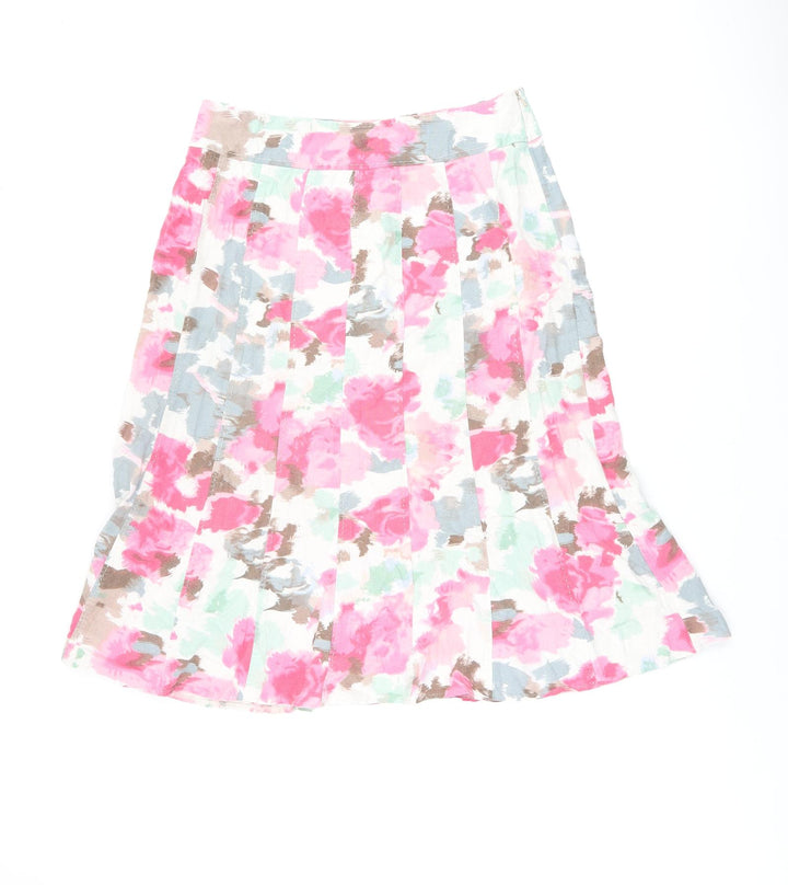 EWM Womens White Floral Linen Flare Skirt Size 14 Zip