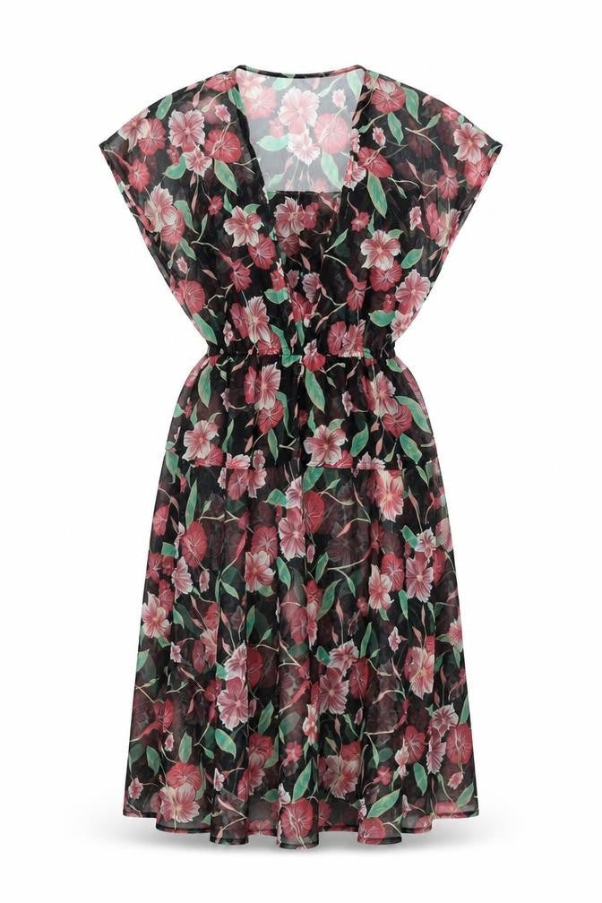 Front view of Vivienne Lawrence women’s black floral polyester a-line, size UK 12, square neck pullover - sheer