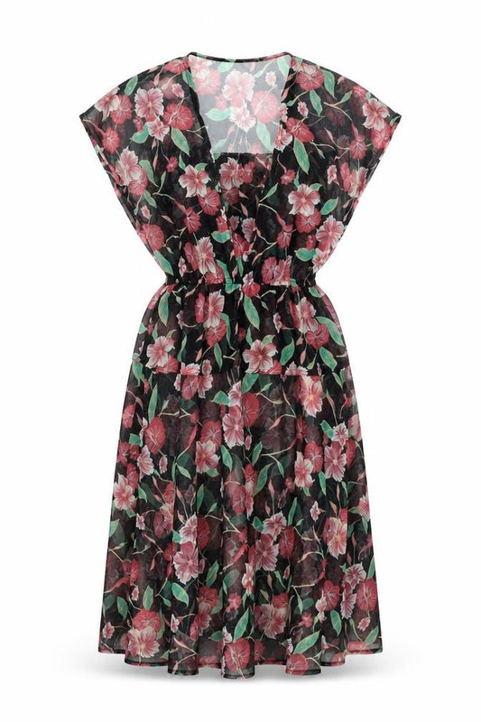 Front view of Vivienne Lawrence women’s black floral polyester a-line, size UK 12, square neck pullover - sheer