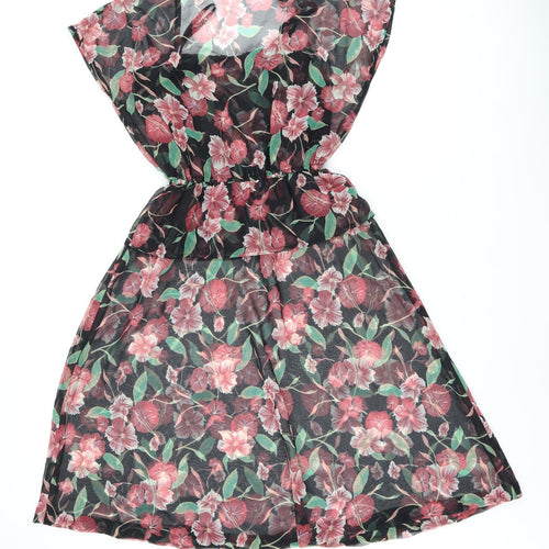 Vivienne Lawrence Womens Black Floral Polyester A-Line Size 12 Square Neck Pullover - Sheer