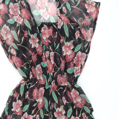 Vivienne Lawrence Womens Black Floral Polyester A-Line Size 12 Square Neck Pullover - Sheer