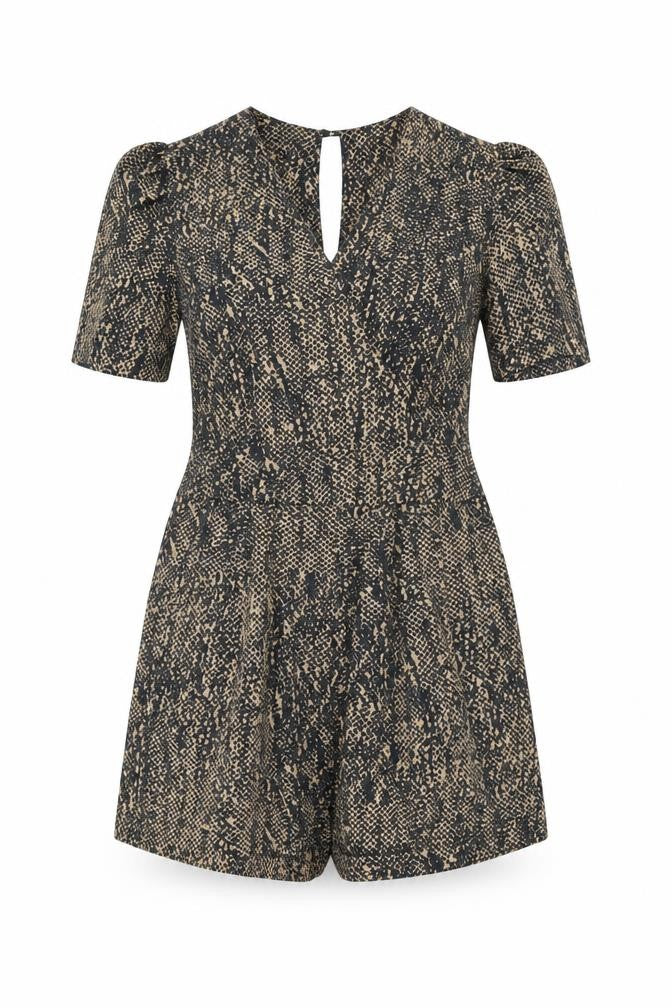 Front view of Love Label women’s brown geometric polyester playsuit one-piece, size UK 12, zip