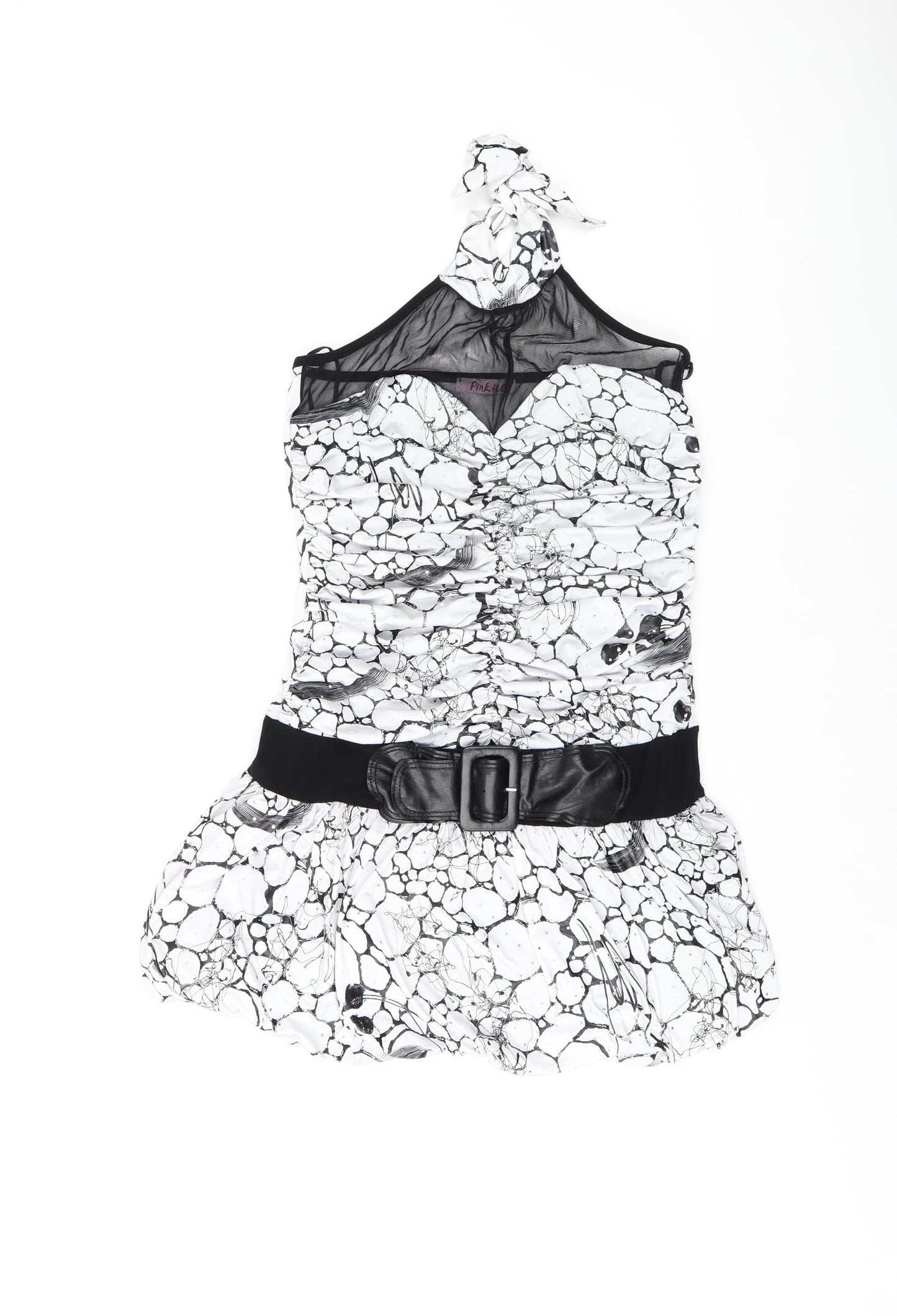 Pink Ice Womens White Geometric Polyester Basic Tank Size M Halter - Belted