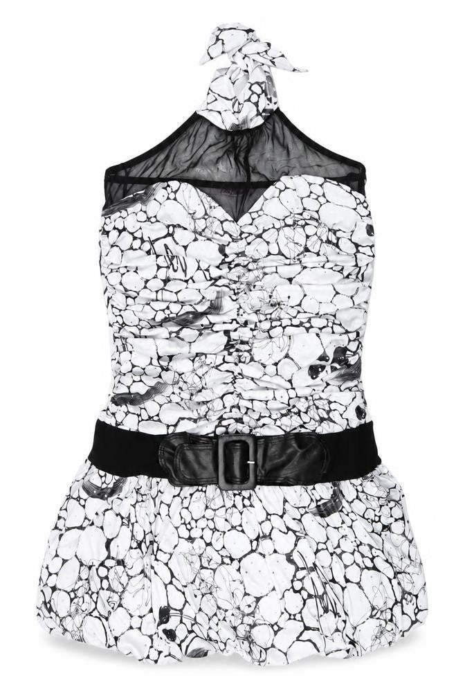 Front view of Pink Ice women’s white geometric polyester basic tank, size M, halter - belted