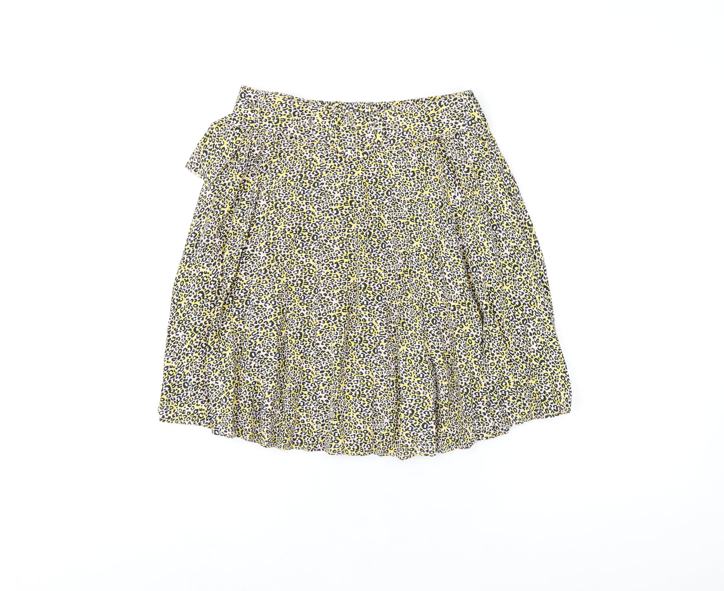Topshop Womens Yellow Animal Print Polyester Skater Skirt Size 8 Buckle - Leopard Print, Belted