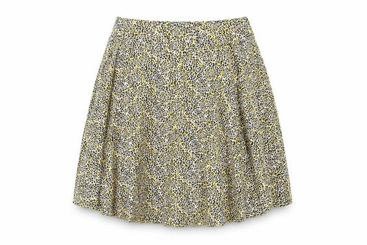 Front view of Topshop women’s yellow animal print polyester skater skirt, size UK 8, buckle - leopard print, belted