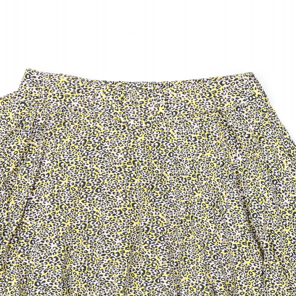 Topshop Womens Yellow Animal Print Polyester Skater Skirt Size 8 Buckle - Leopard Print, Belted