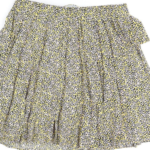 Topshop Womens Yellow Animal Print Polyester Skater Skirt Size 8 Buckle - Leopard Print, Belted