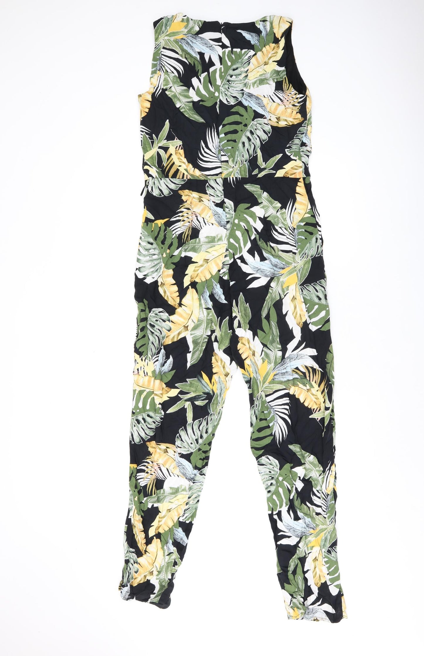Wallis Womens Black Geometric Viscose Jumpsuit One-Piece Size 10 L28 in Zip - Leaf Print