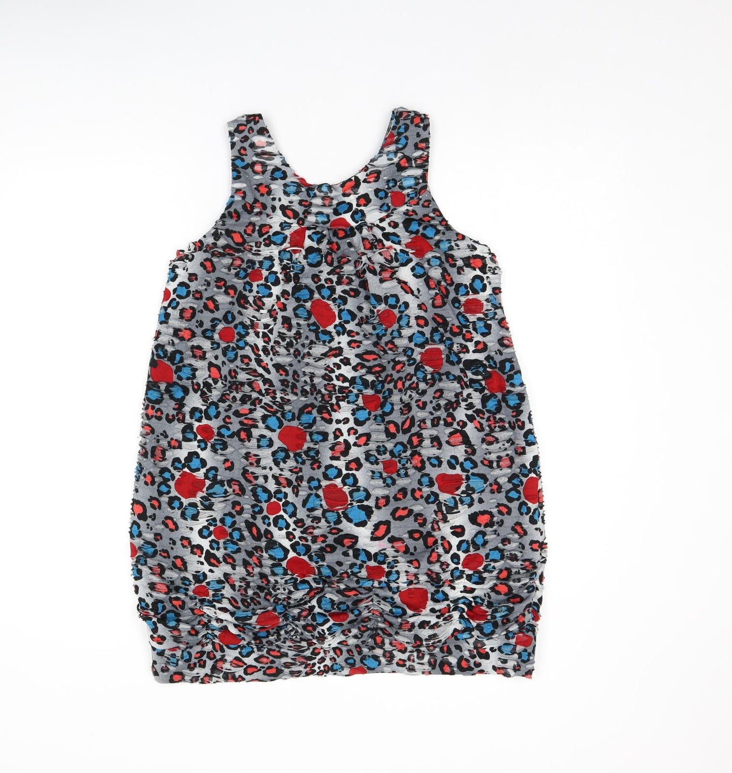PussyCat Womens Grey Animal Print Cotton Basic Tank Size M Round Neck - Ripped Detail, Leopard Print and Bow