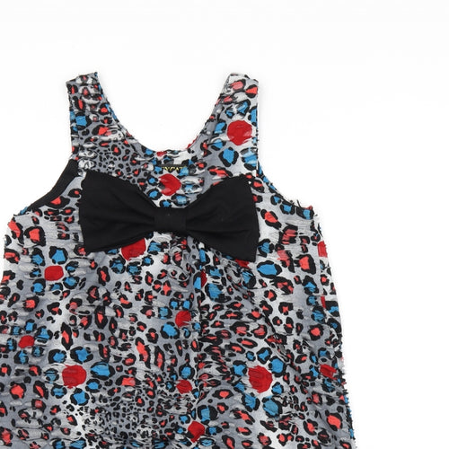 PussyCat Womens Grey Animal Print Cotton Basic Tank Size M Round Neck - Ripped Detail, Leopard Print and Bow