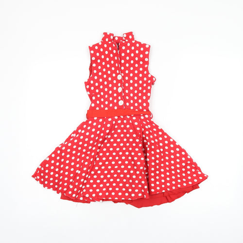 Black Butterfly Girls Red Polka Dot Cotton Skater Dress Size 5-6 Years V-Neck Button