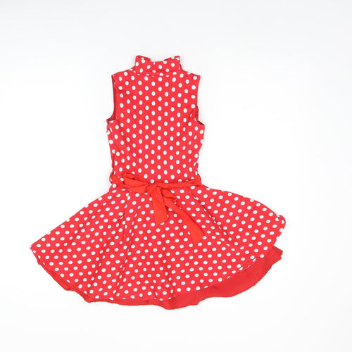 Black Butterfly Girls Red Polka Dot Cotton Skater Dress Size 5-6 Years V-Neck Button