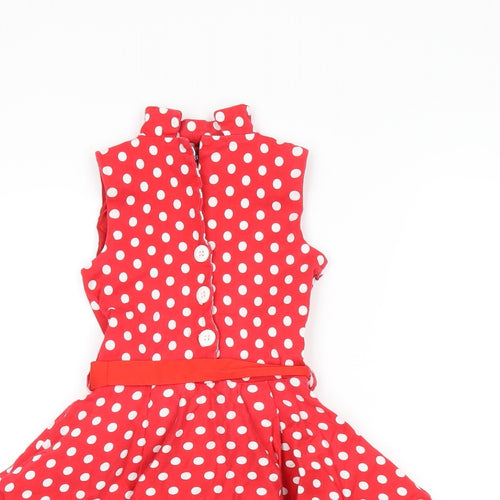 Black Butterfly Girls Red Polka Dot Cotton Skater Dress Size 5-6 Years V-Neck Button