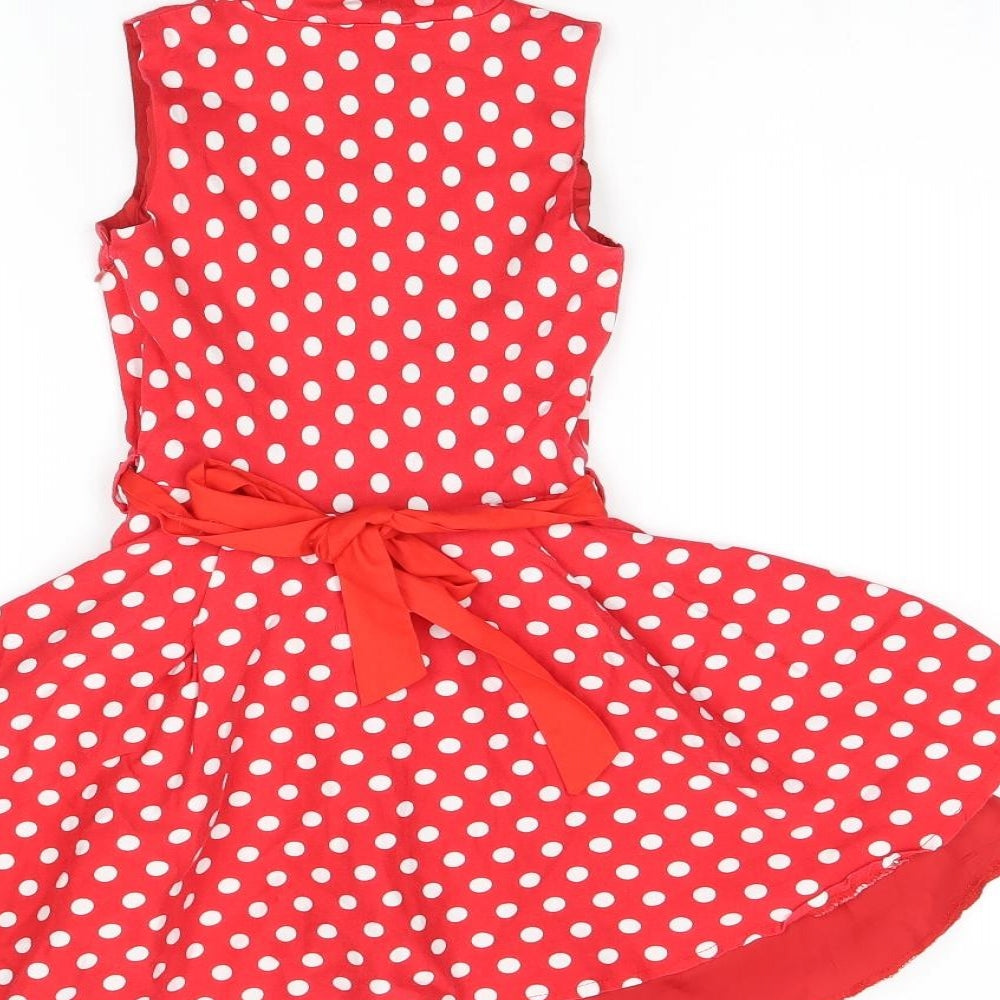 Black Butterfly Girls Red Polka Dot Cotton Skater Dress Size 5-6 Years V-Neck Button