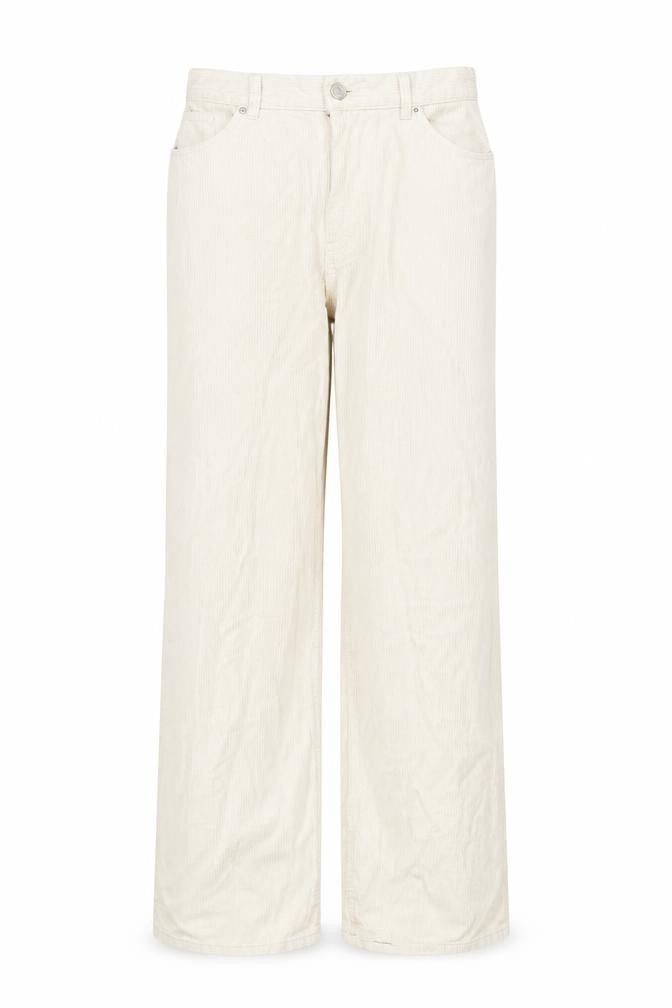 Front view of Monki women’s beige cotton trousers, size UK 8, 30-inch leg regular zip