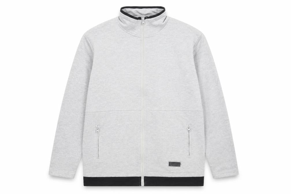 Front view of Bonmarché men’s grey polyester pullover sweatshirt, size M, - zip pockets
