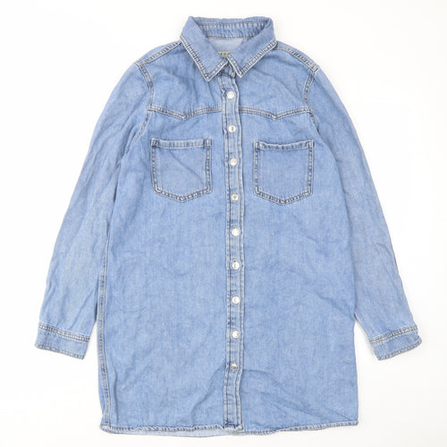 Denim & Co. Womens Blue Cotton A-Line Size 10 Collared Button - Pockets
