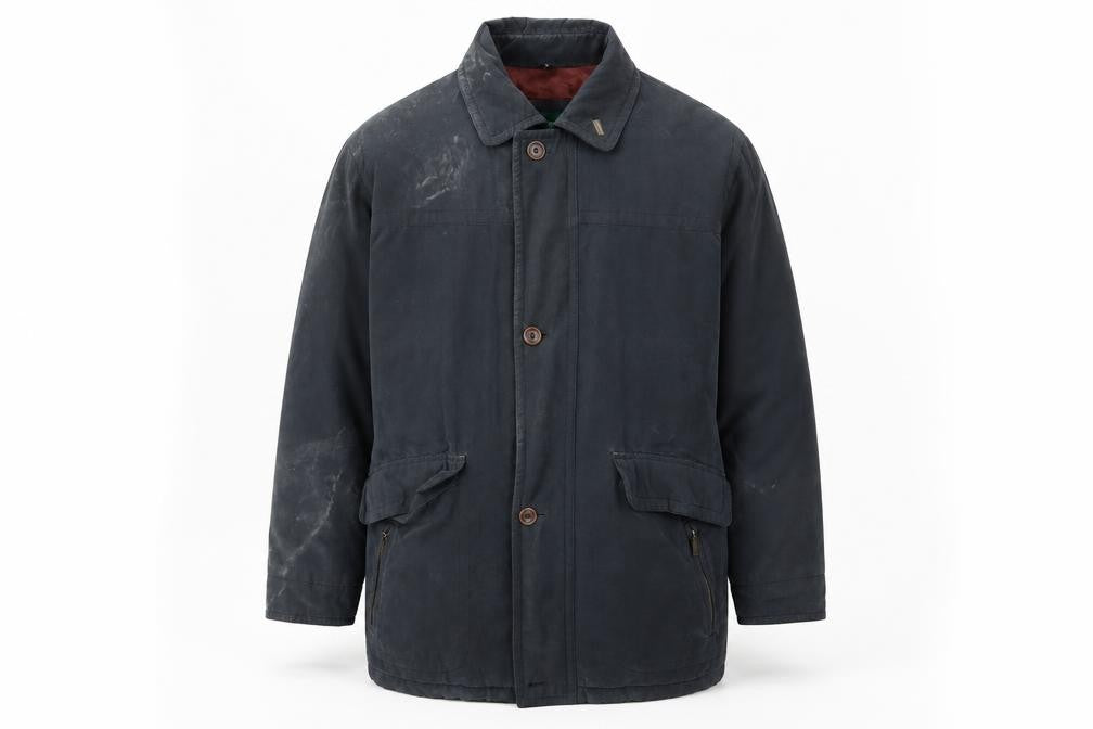 Front view of Dannimac men’s blue jacket coat, size M, zip - pockets, zips