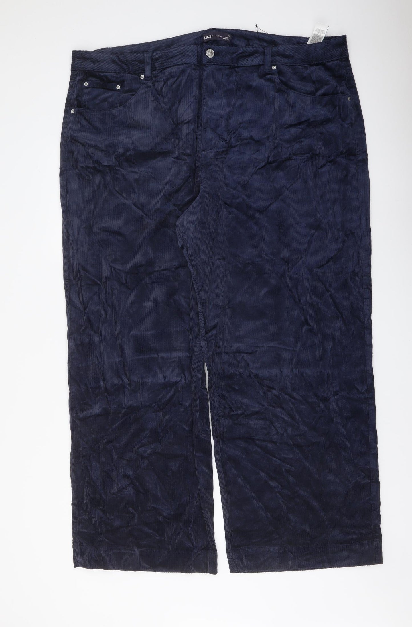 Marks and Spencer Womens Blue Cotton Trousers Size 24 L29 in Regular Button