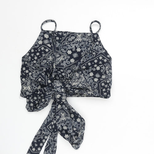 Unique 21 Womens Blue Paisley Polyester Cropped Blouse Size XS Square Neck