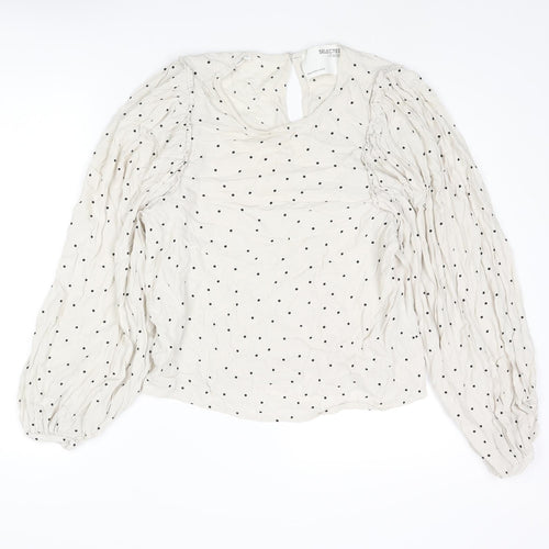 Selected Femme Womens Beige Polka Dot Viscose Basic Blouse Size 8 Round Neck