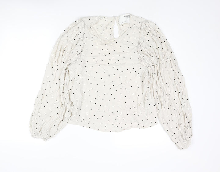 Selected Femme Womens Beige Polka Dot Viscose Basic Blouse Size 8 Round Neck