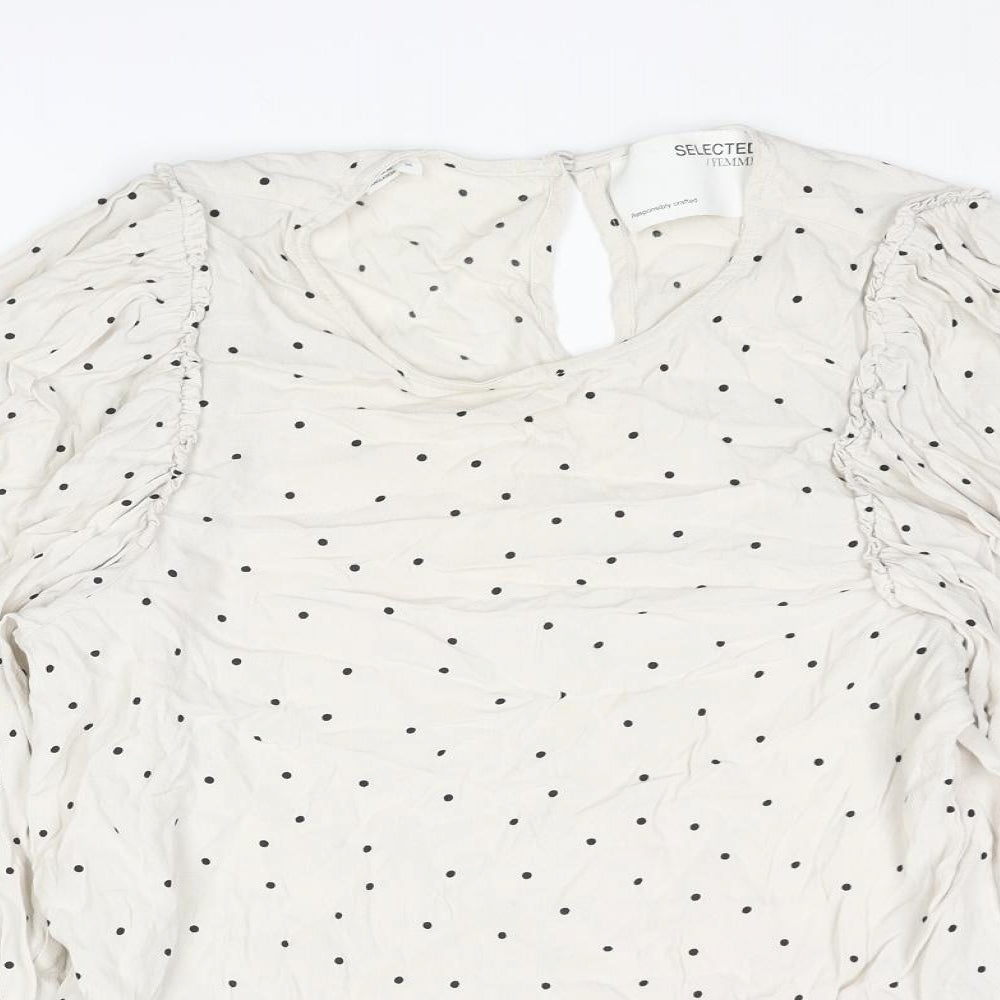 Selected Femme Womens Beige Polka Dot Viscose Basic Blouse Size 8 Round Neck