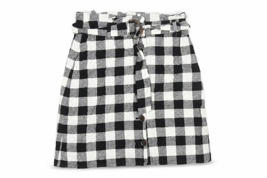 Front view of ASOS women’s black check polyester a-line skirt, size UK 8, button - belted